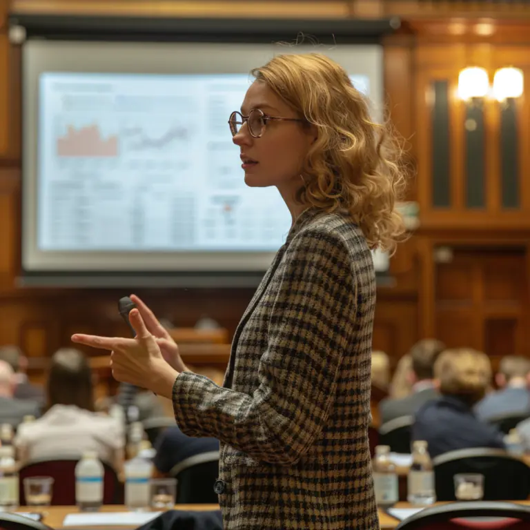 AI-generated picture of a female economist giving a research presentation at a conference.