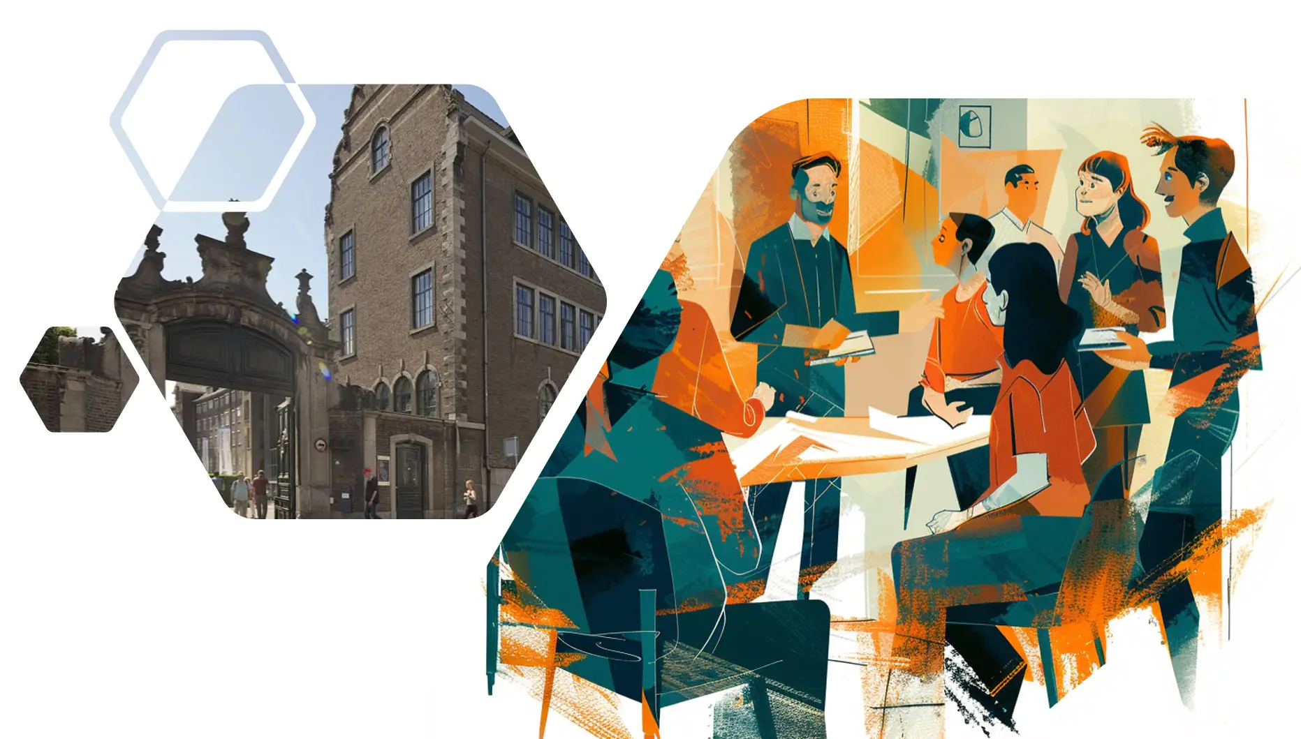 A montage combining a building of Maastricht university and an illustration of a lecturer in a classroom teaching students.