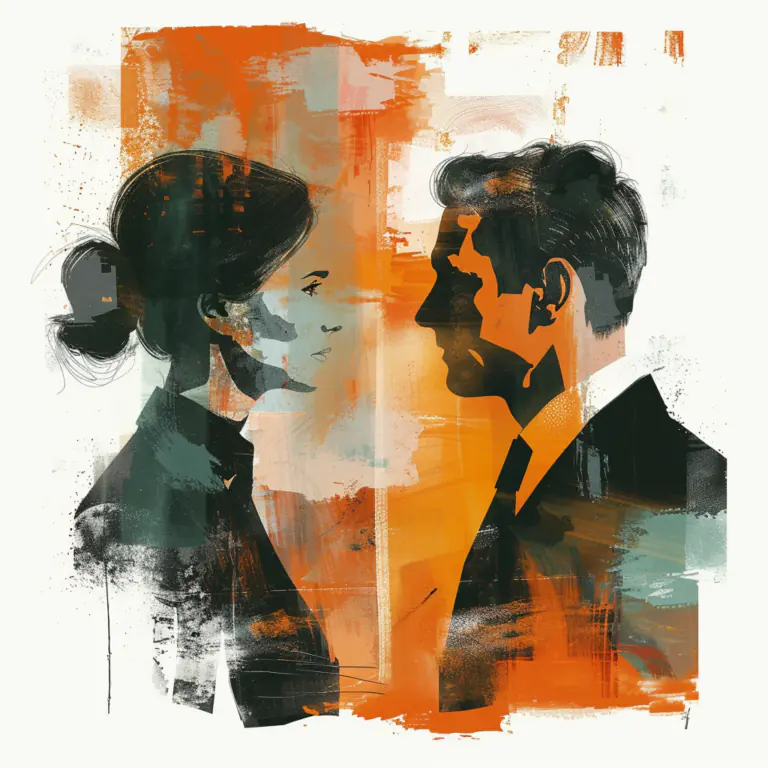 Illustration on a white background of a man and a woman manager talking, in the style of Dan Matutina.